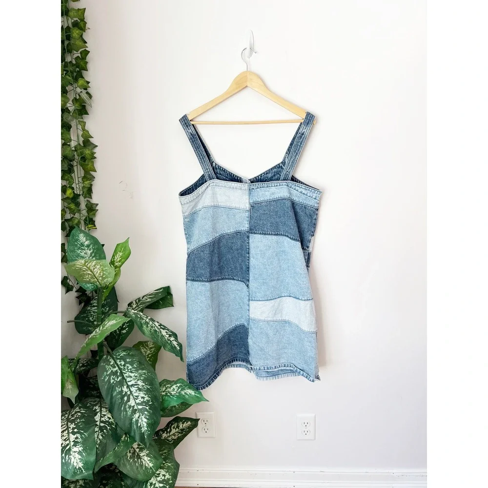 GAP Patchwork Denim Mini Dress Blue Button Front Sleeveless Pinafore L - Picture 5 of 7